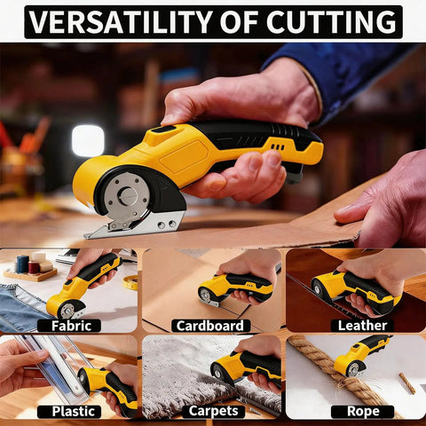 Heavy Duty Cordless Electric Box Cutter With Premium SK5 Blades Powers Through Cardboard Carpet And Fabric No Sweat Features LED Work Light and Secure Safety Lock Aluminum Body in use on various materials.