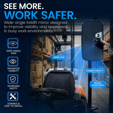 Hella Wide Angle Universal Forklift Mirrors With Heavy Duty Arms For Smooth Rear And Side View Killer Blind Spot Reduction Easy Warehouse Setup Pro Grade Safety Glass