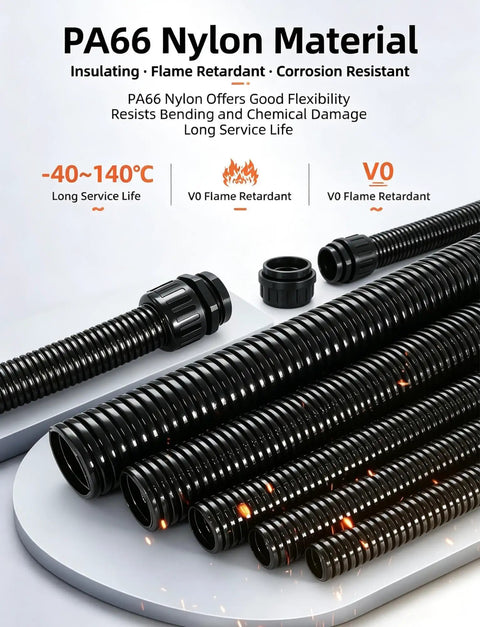 Heavy Duty Flexible Corrugated Conduit For Cable Protection Built From Pa66 Nylon Or Polyethylene, various sizes showcased on white background.