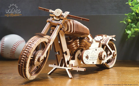 Wooden Mechanical Motorcycle DIY Kit With Rubber Band Engine Dope Vintage Bike Model For Vehicle Enthusiasts And Bikers Plywood Build With Wide Rear Wheel Prime Gift Idea, front view