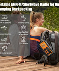 Emergency Weather Radio With Hand Crank And Solar Charging NOAA Alerts SW AM FM Survival Radio 20000mAh attached to backpack