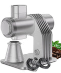 Slick Single Dose Espresso Grinder Featuring Variable Speed Stepless Control And A 64 Mm Titanium Flat Burr, silver with coffee beans.