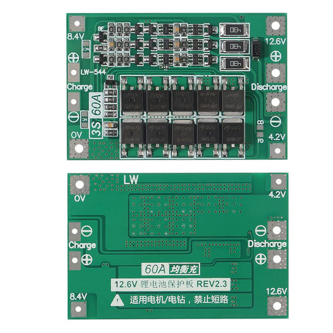 Top Notch 2 Pack 3S 60A BMS Protection Board 12.6V Lithium Battery Balance Charger Module with circuit design and connectors.