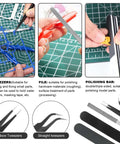 11 Piece Gundam Model Tool Kit showing tweezers, files, and polishing bar for assembly and repair of scale models