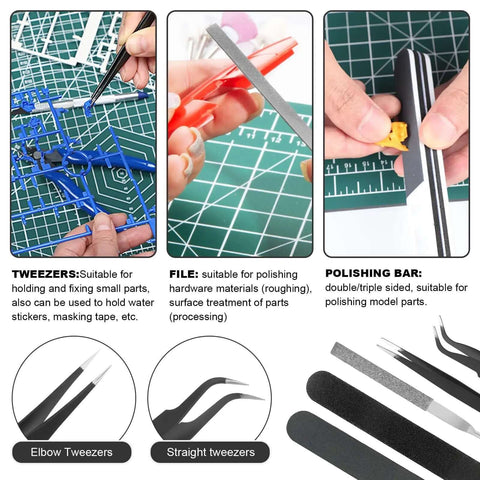 11 Piece Gundam Model Tool Kit showing tweezers, files, and polishing bar for assembly and repair of scale models