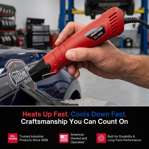EC-MINI Pro Grade Heat Gun in use on car decal, showcasing precision hot air work for crafts and DIY projects with reflector attachment.