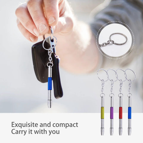 Keychain with 4 Pcs Mini Eyeglass Screwdriver Set 4 In 1 Precision Kit for eyeglass, sunglass, and watch repair in various colors.