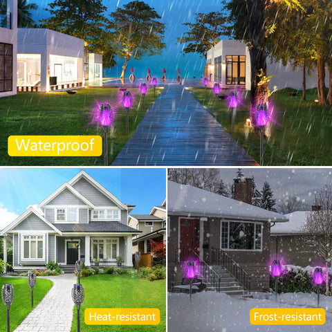 Purple Solar Tiki Torches Outdoor Lights 12 Pack With Flickering Flame waterproof heat frost resistant in various weather conditions