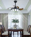 Ceiling Fan with Light Crystal Retractable 3 Color Control Silent Copper in elegant dining room setting with decorative table.