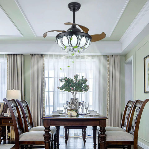 Ceiling Fan with Light Crystal Retractable 3 Color Control Silent Copper in elegant dining room setting with decorative table.