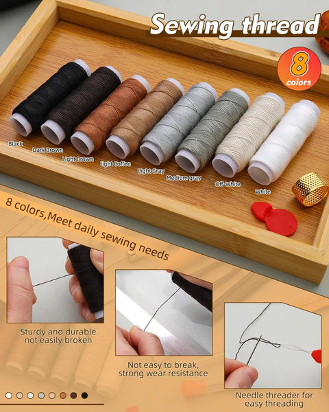 Heavy Duty Upholstery Repair Kit With Fifty Pieces Eight Thread Colors Thirty Two Upholstery Needles Two Awls Rippers Scissors Thimble Needle Threader Ruler And Storage Bag For Car Seats Sofas Shoes Backpacks And Diy Craft showing eight thread colors on a tray.