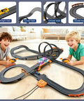 Kids playing with Epic Slot Car Racing Track Kit With 4 Cars Electric Or Battery Powered Dual Race Flash Bridge And Pendulum Overpass