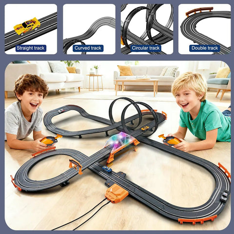 Kids playing with Epic Slot Car Racing Track Kit With 4 Cars Electric Or Battery Powered Dual Race Flash Bridge And Pendulum Overpass