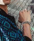 Model wearing Men's 316L Stainless Steel Chain Bracelet In Silver Black Finish For Gearheads And Riders, close-up view