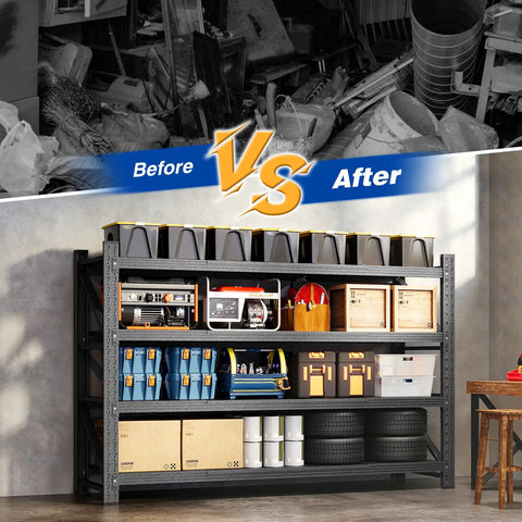 Industrial Heavy Duty Garage Shelves 71 Inch Wide Metal Storage Racks With 5000 Lb Capacity Adjustable Shelving For Workshop Factory And Home Garage 24 Inch Deep 69 Inch High showing tidy organization after installation.