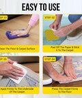 Steps to use Rug Gripper Tape for Area Rugs, 12 Pack 4x4 Inch Double Sided Non Slip Carpet Tape, No Damage, Reusable Rug Pads, application guide