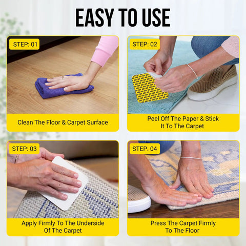 Steps to use Rug Gripper Tape for Area Rugs, 12 Pack 4x4 Inch Double Sided Non Slip Carpet Tape, No Damage, Reusable Rug Pads, application guide