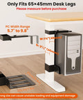 Rock Solid Under Desk PC Mount Bracket With No Drill Hardware And Fifty Pound Capacity For Standard Table Legs. Size details shown.