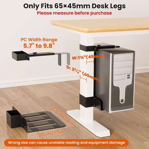 Rock Solid Under Desk PC Mount Bracket With No Drill Hardware And Fifty Pound Capacity For Standard Table Legs. Size details shown.