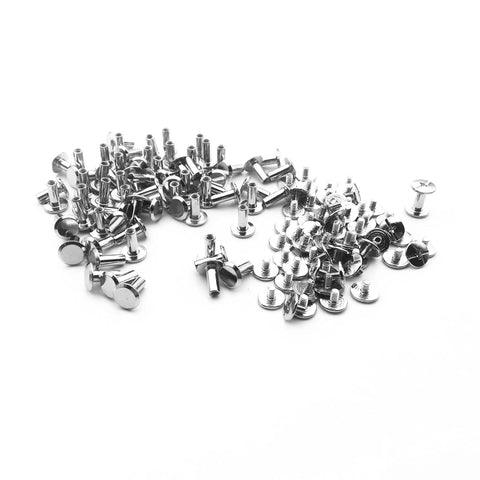 50 Pack Nickel Plated Chicago Screws Featuring Durable Carbon Steel Build And Easy Grip Cross Head For Securing Leather Goods Planning Sheets And Custom Book Bindings Top Shelf Legit Craft Gear, arranged on a white background.