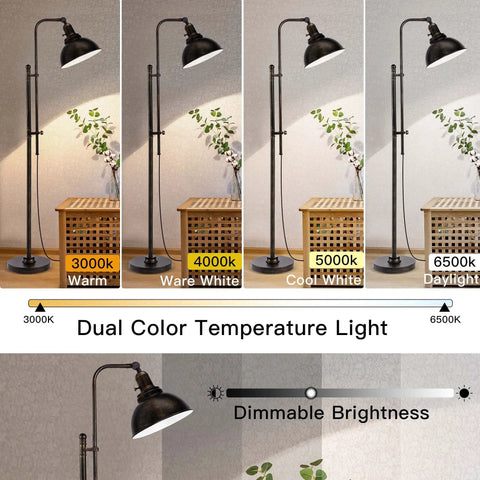 Industrial Floor Lamp Adjustable Rustic Farmhouse Reading Light In Aged Black Finish with dual color temperature settings.