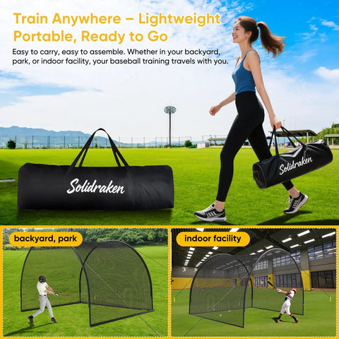 Woman carrying Compact Backyard Batting Cage For Baseball And Softball Practice Portable Net With Sturdy Frame And Carry Bag