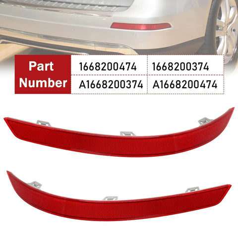 Two Piece Rear Bumper Reflector Set For Mercedes-Benz X166 GL GL350 GL450 GL500 GL550 GL63 AMG 2013-2016 And GLS450 2017-2019 Replacement A1668200474 A1668200374 shown with part numbers and installed view