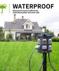 Outdoor Power Strip With Stake And Waterproof Outlet Cover, 15 Ft 14 AWG Heavy Duty Extension Cord, 6 Grounded Outlets installed on lawn