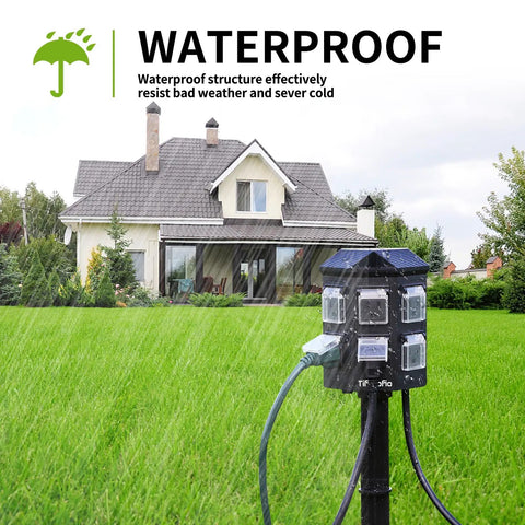 Outdoor Power Strip With Stake And Waterproof Outlet Cover, 15 Ft 14 AWG Heavy Duty Extension Cord, 6 Grounded Outlets installed on lawn