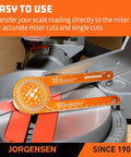 Jorgensen 7-inch aluminum miter saw protractor with laser-etched scales; orange angle finder on a saw