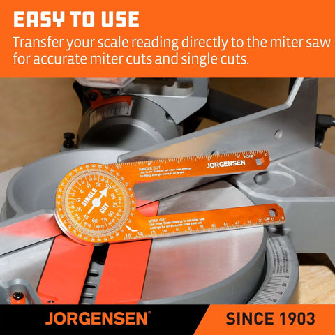 Jorgensen 7-inch aluminum miter saw protractor with laser-etched scales; orange angle finder on a saw