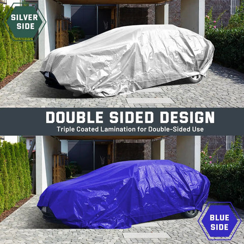 Beast Mode Tough 12 Mil Heavy Duty Waterproof Tarp With Metal Grommets, 10x20 Ft Silver And Blue Reversible Poly Tarp on car