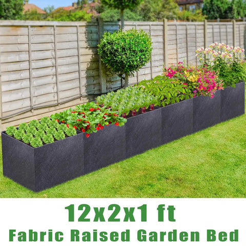 12x2x1ft Fabric Raised Garden Bed For Outdoors Nonwoven Planter Box with herbs, flowers, and vegetables in yard.