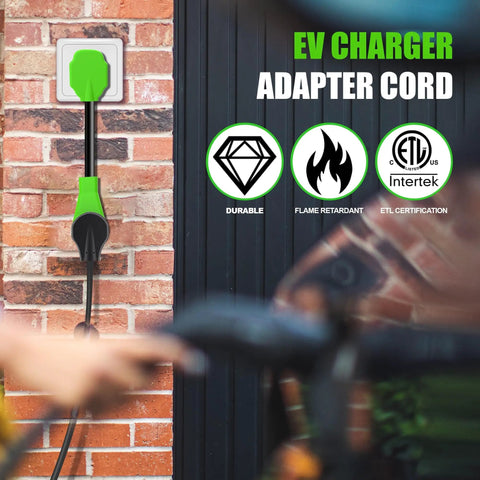 Heavy Duty Nema 14-30p To 14-50r EV Charger Adapter Converts Dryer Outlet To 50 Amp Power For Fast Level 2 Electric Vehicle Juice installed on a wall.