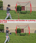 Athlete uses Seven By Seven Foot Baseball And Softball Practice Net With Numbered Strike Zone And Adjustable Batting Tee for training