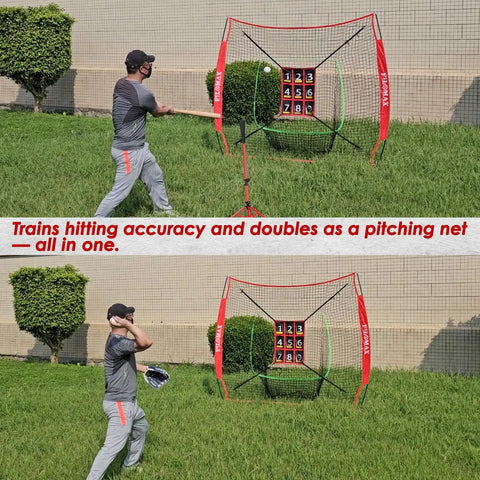 Athlete uses Seven By Seven Foot Baseball And Softball Practice Net With Numbered Strike Zone And Adjustable Batting Tee for training