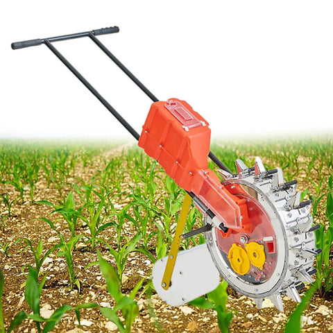 Rugged Garden Push Seeder Hand Push Manual Seeder Walk Behind Planter in a field with rows of young crop plants