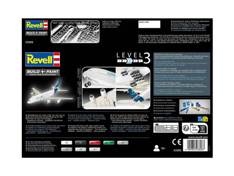 Product box for Beginner Friendly 1 to 288 Scale Airbus A380 Plastic Model Kit with images and details.