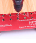 11 Hole All Metal Shelf Pin Jig With Self Contained Clamping For Easy No Fuss Drilling Drill Guide For Quick Precise Woodworking And Furniture Assembly Includes 1 Quarter Inch And 5 Millimeter Drill Bits in use on wood, close-up view.