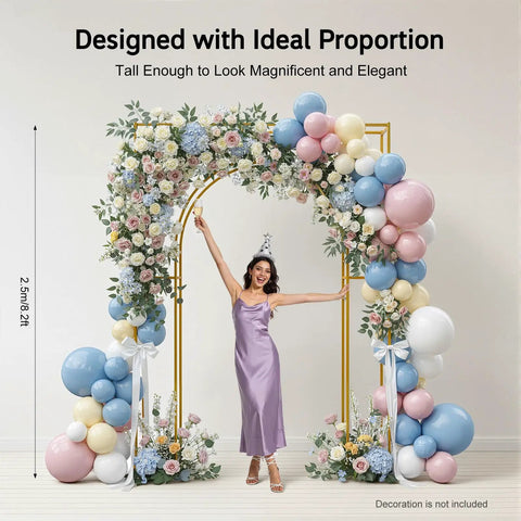 Showstopping Square Metal Balloon Arch Frame For Dreamy Gold Wedding Ceremony Backdrop Next Level Party Decoration Graduation And Baby Shower Photo Display Setup with flowers and balloons.