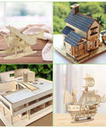 Baltic Birch plywood sheets 16x12x1/16in for arts and crafts; collage showing wooden airplane, house, building, and sailing ship models.