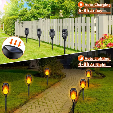 8 Pack Outdoor Solar Torch Lights With Realistic Flickering Flame along a path, day and night, showing solar charging and lighting.