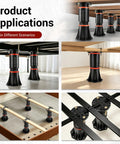 Four Piece Adjustable Bed Support Legs With Reinforced Steel Brackets, Holds Up To 4400 Pounds Per Leg, Ranges From Eight To Thirteen Point Five Inches, Built Tough Heavy Lifters To Ban Saggin And Silence Creaky Queen King Frames in various bed setups.