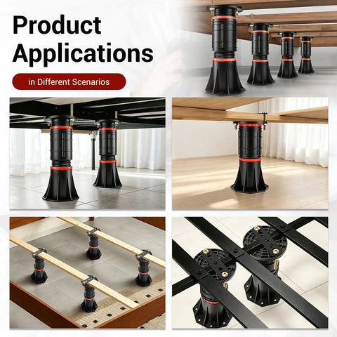 Four Piece Adjustable Bed Support Legs With Reinforced Steel Brackets, Holds Up To 4400 Pounds Per Leg, Ranges From Eight To Thirteen Point Five Inches, Built Tough Heavy Lifters To Ban Saggin And Silence Creaky Queen King Frames in various bed setups.