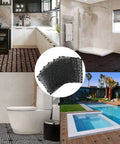Collage of 12 Pack Interlocking Floor Tiles 11.8 Inch By 11.8 Inch Rubber Mats in kitchen, bathroom, outdoor shower, and pool area.