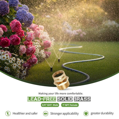 Lead Free Brass 3/4 GHT Female To 1 NPT Male Swivel Adapter For Hose To Pipe Fitting, Thickened Wall, Beefy Heavy Duty Durability, Easy Garden Hose To Pipe Thread Conversion, One Pack, brass garden hose adapter in watering scene