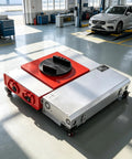Tough As Nails Heavy Duty Electric Transfer Cart Makes Industrial Warehouse Heavy Lifting An Absolute Breeze With 360 Rotating Turntable Platform And Wireless Remote in workshop setting.