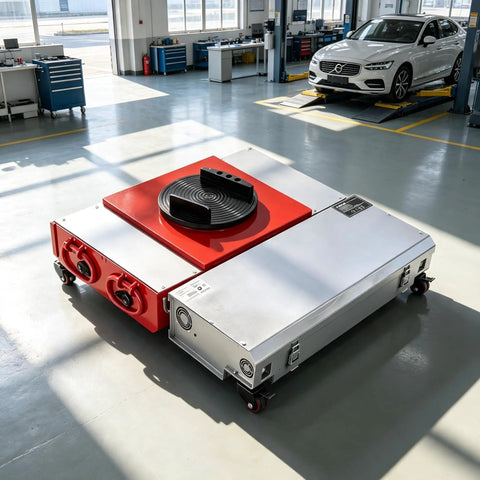 Tough As Nails Heavy Duty Electric Transfer Cart Makes Industrial Warehouse Heavy Lifting An Absolute Breeze With 360 Rotating Turntable Platform And Wireless Remote in workshop setting.