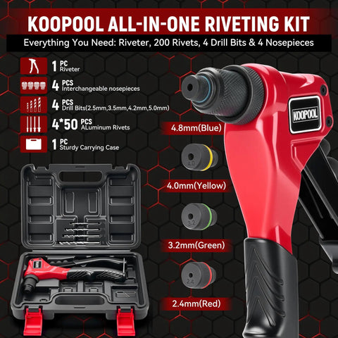 Adjustable Stroke Rivet Gun Kit With Heavy Duty Hand Riveter Includes 200 Aluminum Rivets, 4 Drill Bits, 4 Tool Free Rivet Heads And Sturdy Carry Case For Metal Plastic Leather Projects Perfect For Auto Repair with open case view showing components.