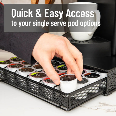 36 Pod Single Serve Coffee Pod Drawer Organizer For Your Countertop With Removable Dividers, Metal Build With A Slick Black Finish, Smooth Glide Drawer For Easy Coffee Station Setup, hand picking pod